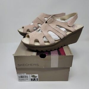 Skechers Suede Peep-toe Slingback Wedge Sandals Stylin' Light Pink Blush Sz 7.5W